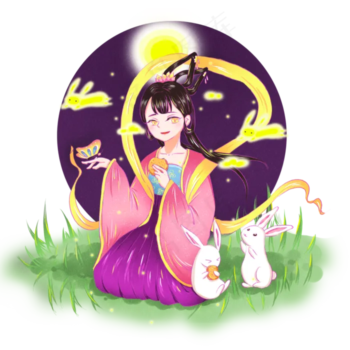 中秋节月下嫦娥与玉兔赏月可商用(2000X2000(DPI:300))psd模版下载