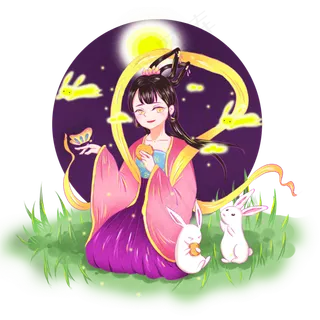 中秋节月下嫦娥与玉兔赏月可商用
