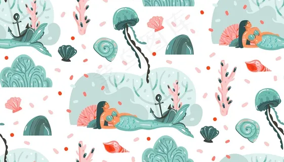 手绘抽象卡通图形夏季水下插图无缝模式与水母，鱼和美人鱼女孩的字符隔离在白色背景。