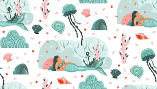 手绘抽象卡通图形夏季水下插图无缝模式与水母，鱼和美人鱼女孩的字符隔离在白色背景。