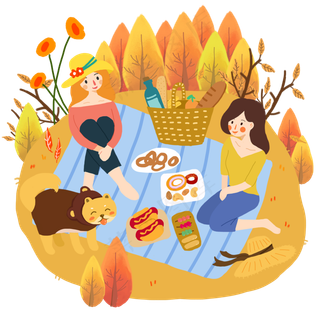 秋日少女猫咪野餐红叶露营PNG图