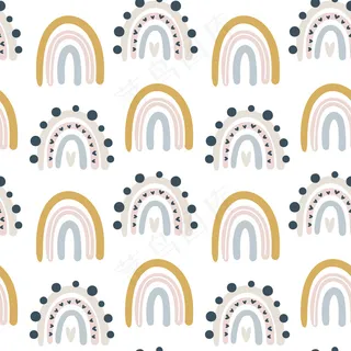 儿童手绘无缝图案彩色粉彩彩虹。夏季背景