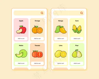 水果店ui或ux设计的手机app移动应用程序app模板屏幕设计与一些水果