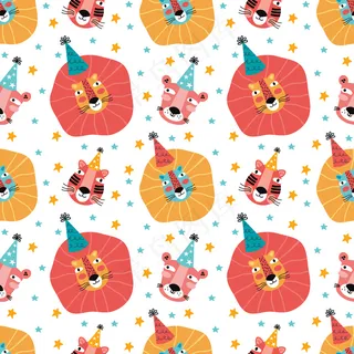 生日快乐手绘无缝图案。滑稽的狮子，豹子，戴着节日帽的老虎。