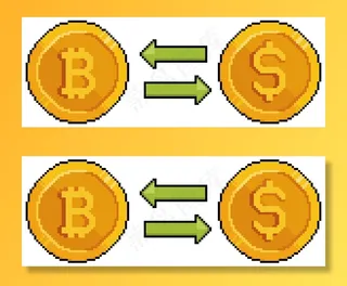 像素艺术比特币和美元，将比特币转换成美元。投资和金融。白色背景上的8位游戏