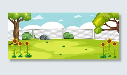 自然公园场景中的空白景观与一些树木和向日葵