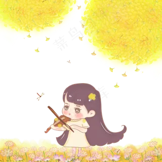 秋天在花丛中拉小提琴小女生
