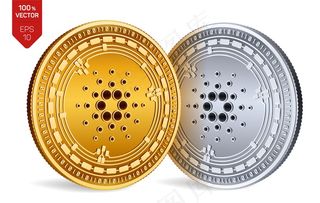 加密货币白色背景上带有卡达诺符号的金银币。