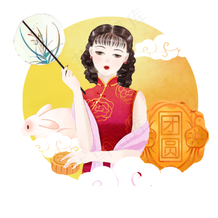 中秋古风月饼兔子女人png素材