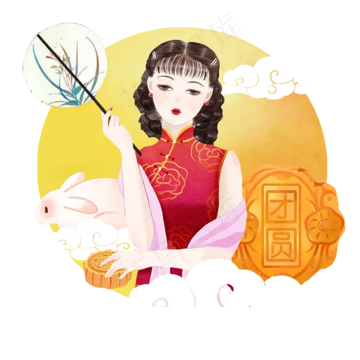 中秋古风月饼兔子女人png素材(2000X2000(DPI:300))psd模版下载
