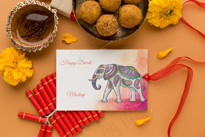 排灯节大象彩带绘画模型样机卡