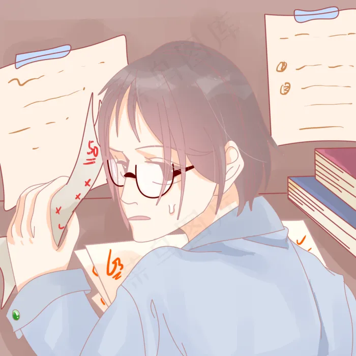 教师节蓝色卡通老师批改考卷(2000X2000(DPI:299))psd模版下载