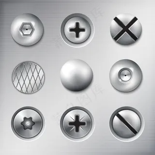 金属纹理上的一组真实连接紧固件螺钉螺栓钉子隔离