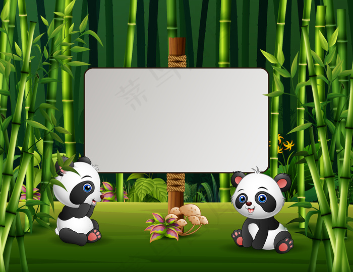 两只熊猫坐在绿地上的卡通插图