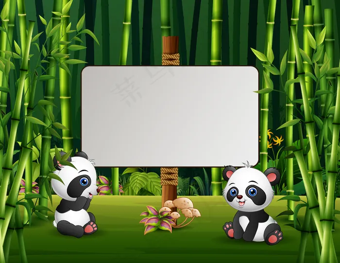 两只熊猫坐在绿地上的卡通插图eps,ai矢量模版下载