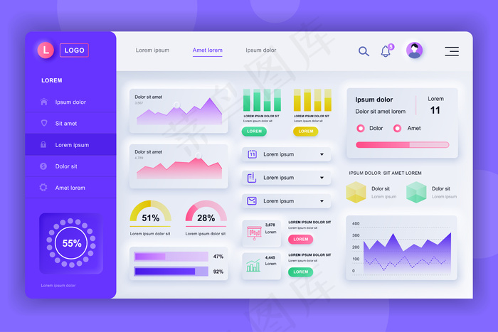 Neumorphic仪表板用户界面套件。管理面板模板与信息图形元素，hud图，信息图形。用户界面和用户体验设计网页的网站仪表板。中性风格。eps,ai矢量模版下载