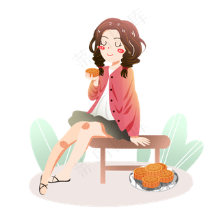 中秋节吃月饼的女孩素材