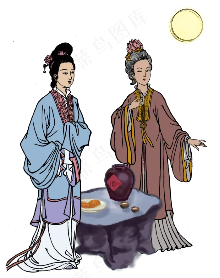 手绘中秋赏月的古装女人(2000X2529(DPI:300))psd模版下载