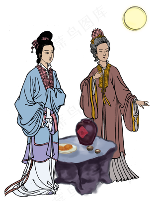 手绘中秋赏月的古装女人