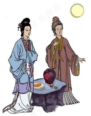 手绘中秋赏月的古装女人