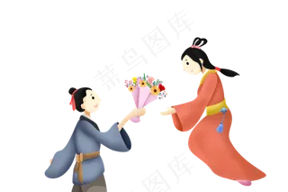 七夕牛郎织女相会卡通PNG节日