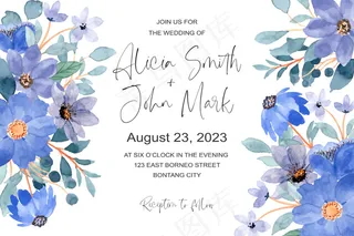 蓝色花卉水彩婚礼请柬
