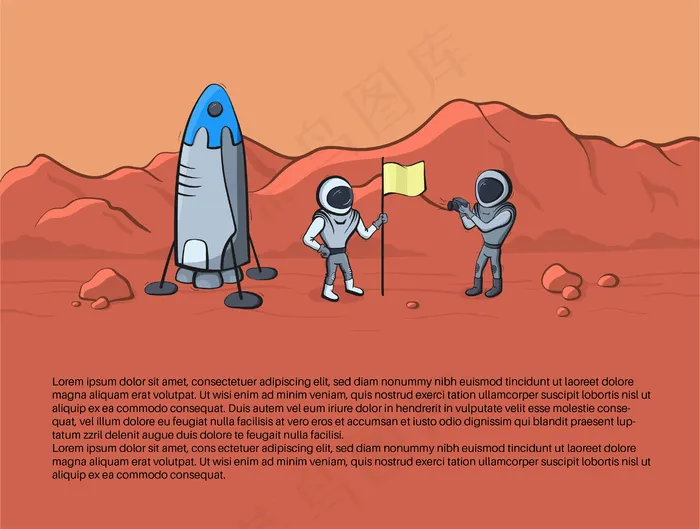 太空火箭发射和宇航员照片在星球上的矢量图解