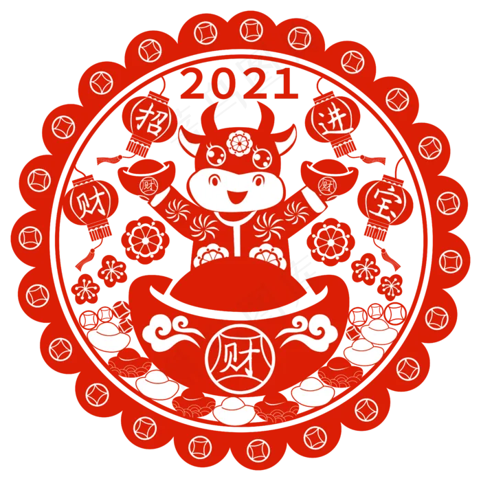 招财进宝剪纸窗花矢量图(3011X3966(DPI:300))ai矢量模版下载