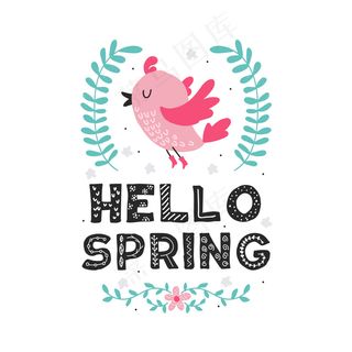 你好，春天和可爱的小鸟
