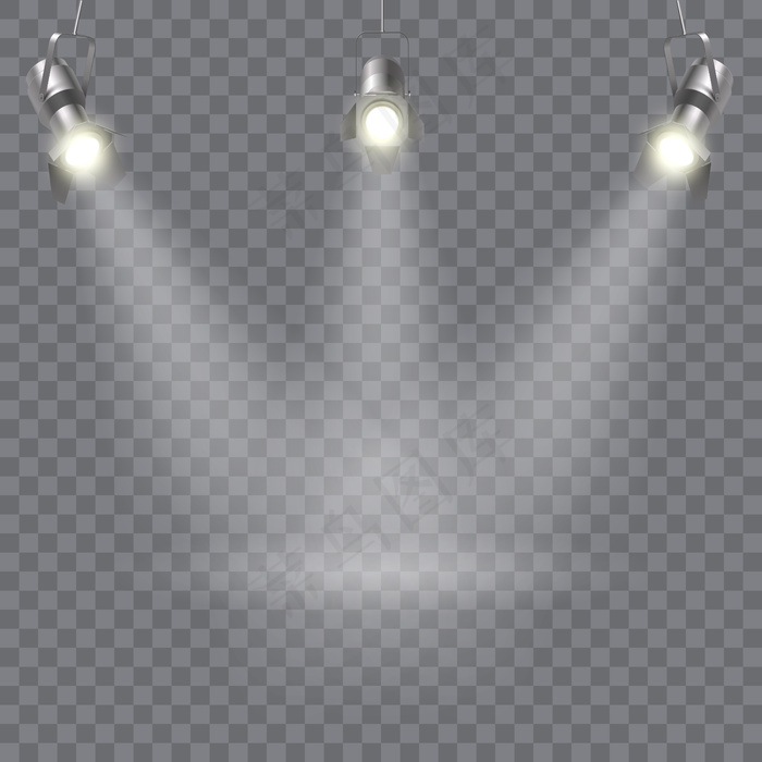 三个悬挂聚光灯设计，光线方向在一个点上