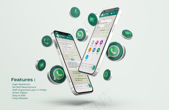 Whatsapp的银色手机模型样机psd模版下载