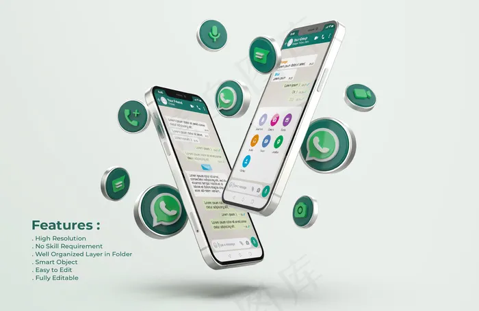 Whatsapp的银色手机模型样机psd模版下载