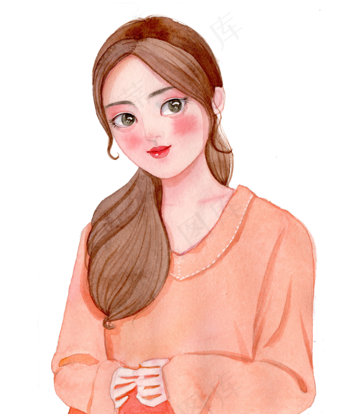 手绘水彩长发女生(2000X2300(DPI:300))psd模版下载