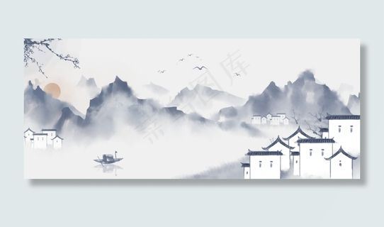 中国风手绘水墨风景山水徽派建筑,免抠元素