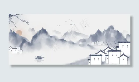 中国风手绘水墨风景山水徽派建筑,免抠元素 中国风手绘水墨风景山水徽派建筑,免抠元素