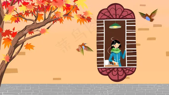 黄色系卡通手绘风立秋秋天红色枫叶配图