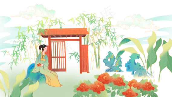 古风女子赏花牡丹