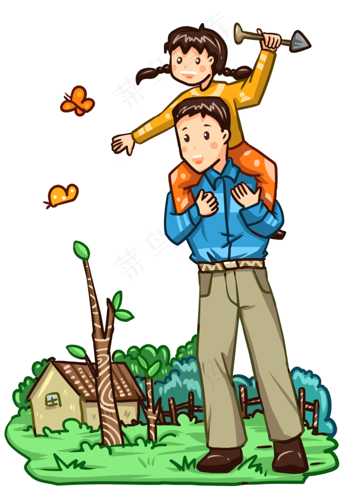 植树节人物和蝴蝶插画