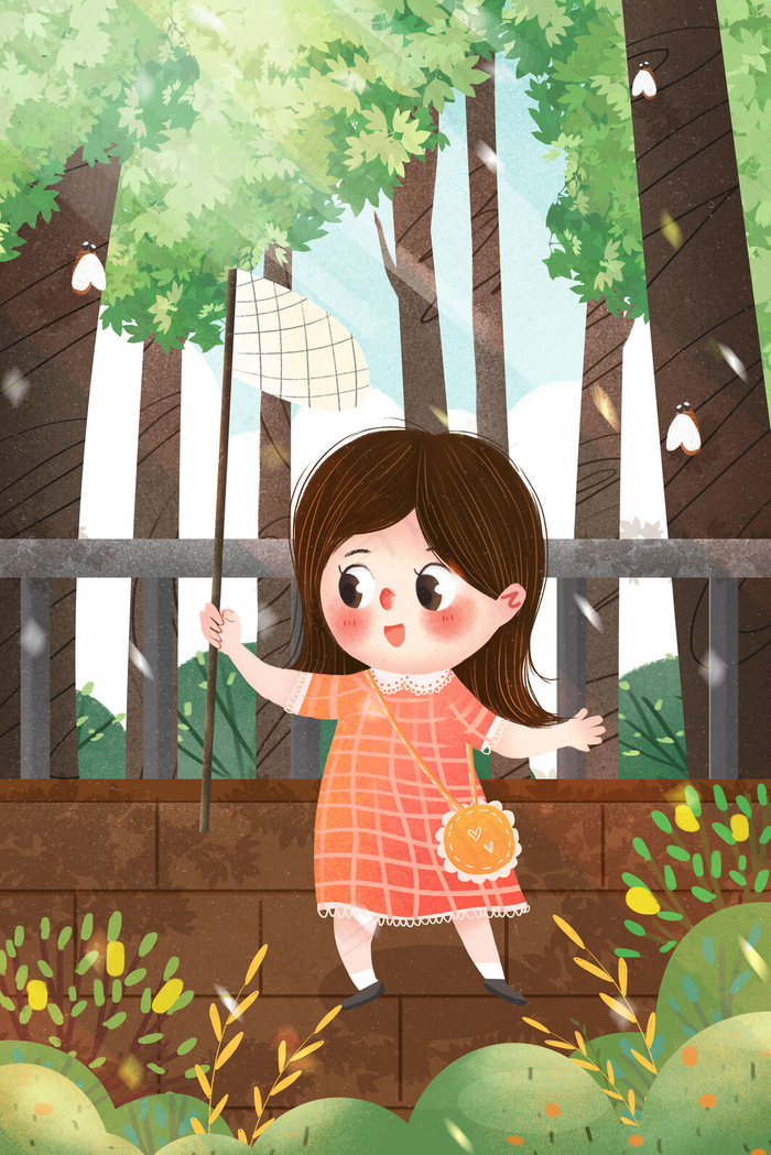 小清新立夏节气女孩郊外抓知了