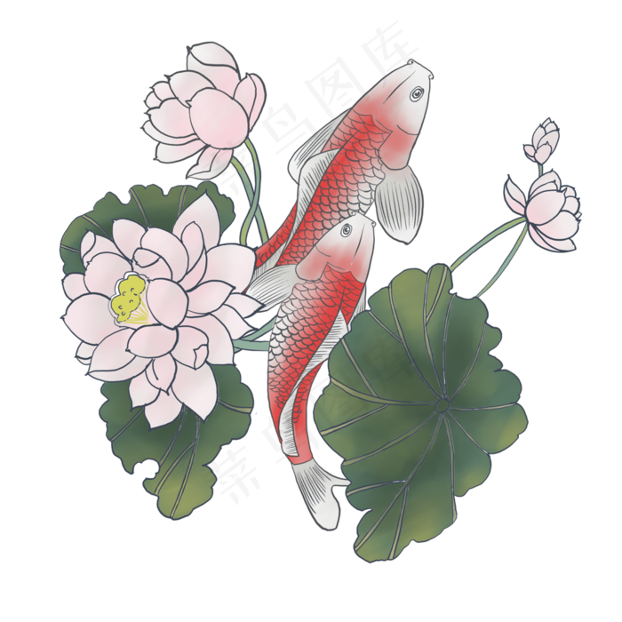 中国风水墨工笔红鲤鱼莲花PNG,免抠元素