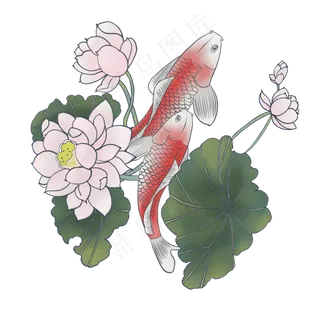 中国风水墨工笔红鲤鱼莲花PNG,免抠元素