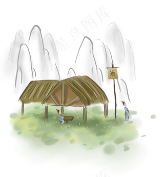 中国风春天草屋和人,免抠元素