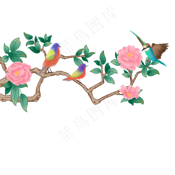 牡丹花上的小鸟花鸟卡通元素,免抠元素
