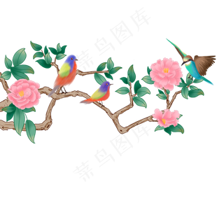 牡丹花上的小鸟花鸟卡通元素,免抠元素