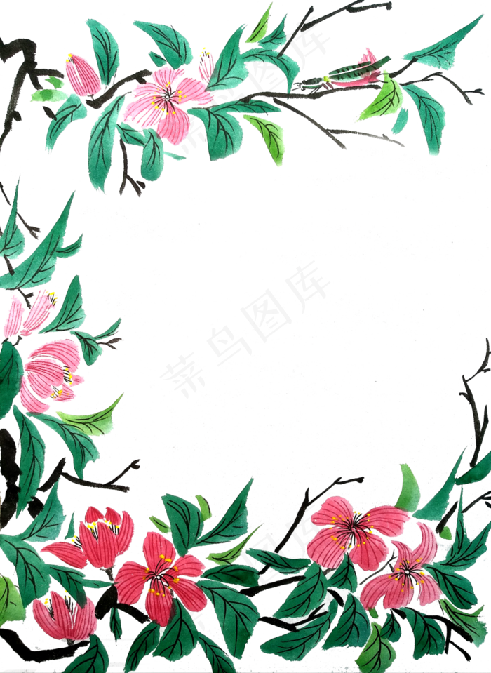 国画水墨绿色边框春天桃花春天清(2881X3944(DPI:72))psd模版下载