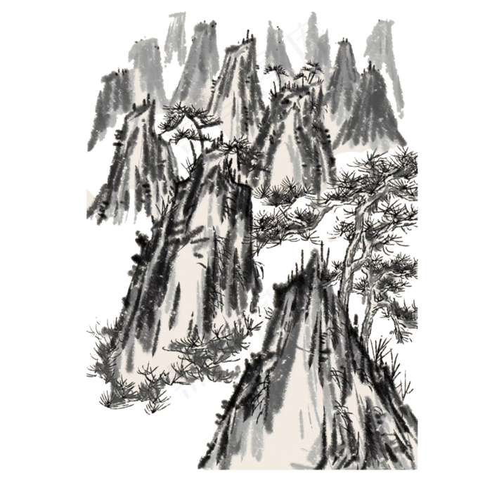 水墨山水石头松树PNG,免抠元素
