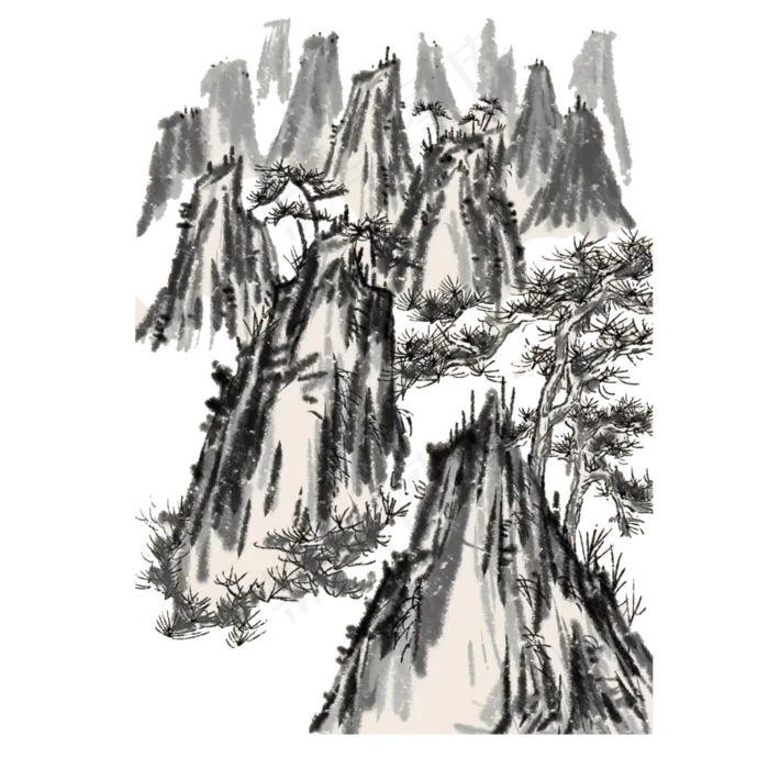 水墨山水石头松树PNG,免抠元素(3000X3000(DPI:300))psd模版下载