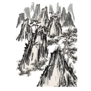水墨山水石头松树PNG,免抠元素