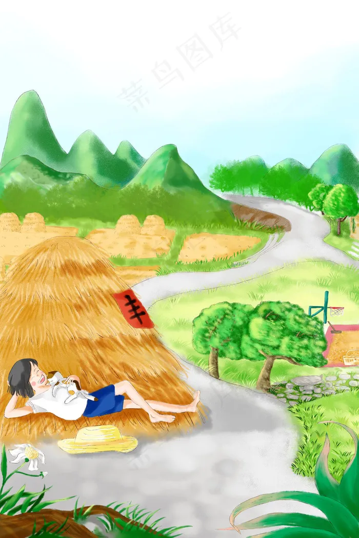 二十四节气芒种夏日女孩和猫在麦堆玩耍图