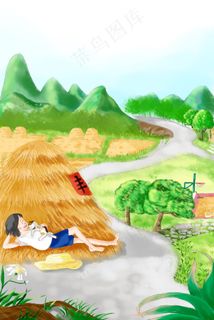 二十四节气芒种夏日女孩和猫在麦堆玩耍图